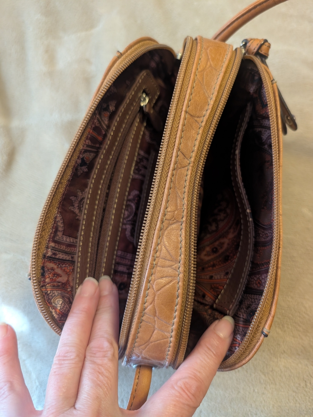 Tignanello Tan Leather Triple-Compartment Crossbody Bag